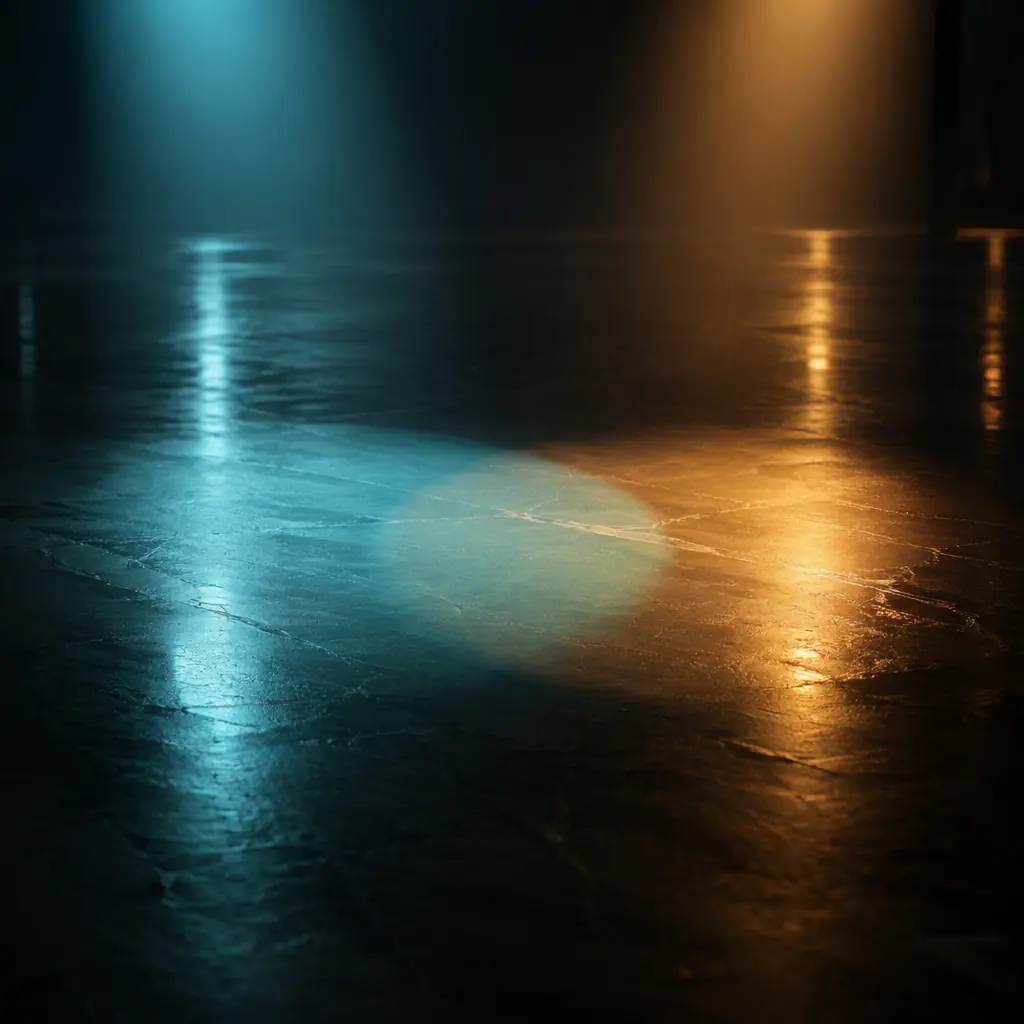 Photorealistic abstract concept of two overlapping pools of cool cyan and warm amber light, no text