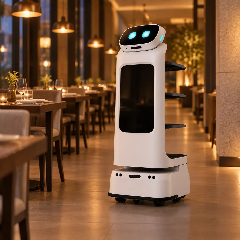 Photorealistic white serving robot with three loaded tray shelves standing in a quiet empty restaurant dining room, no people and no text