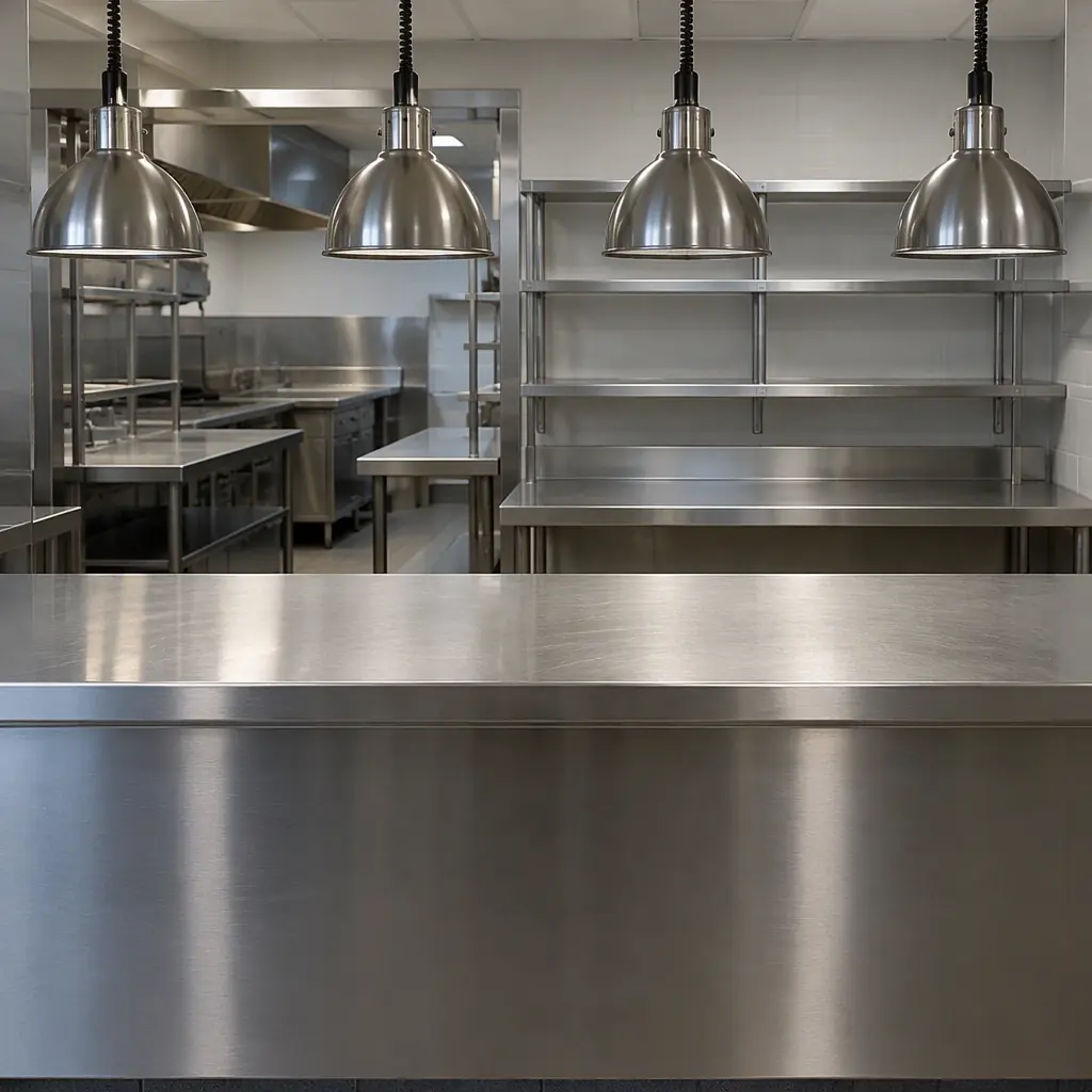 Photorealistic empty restaurant kitchen pass with plain stainless steel counters and unmarked shelving, no people, no text