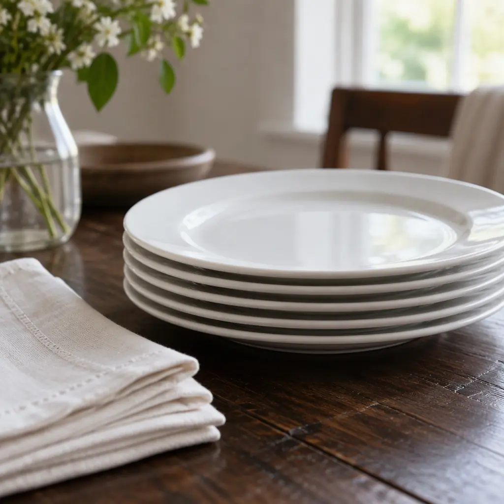 Photorealistic plain white ceramic plates stacked on a dark wooden table beside folded linen, no text, no logos