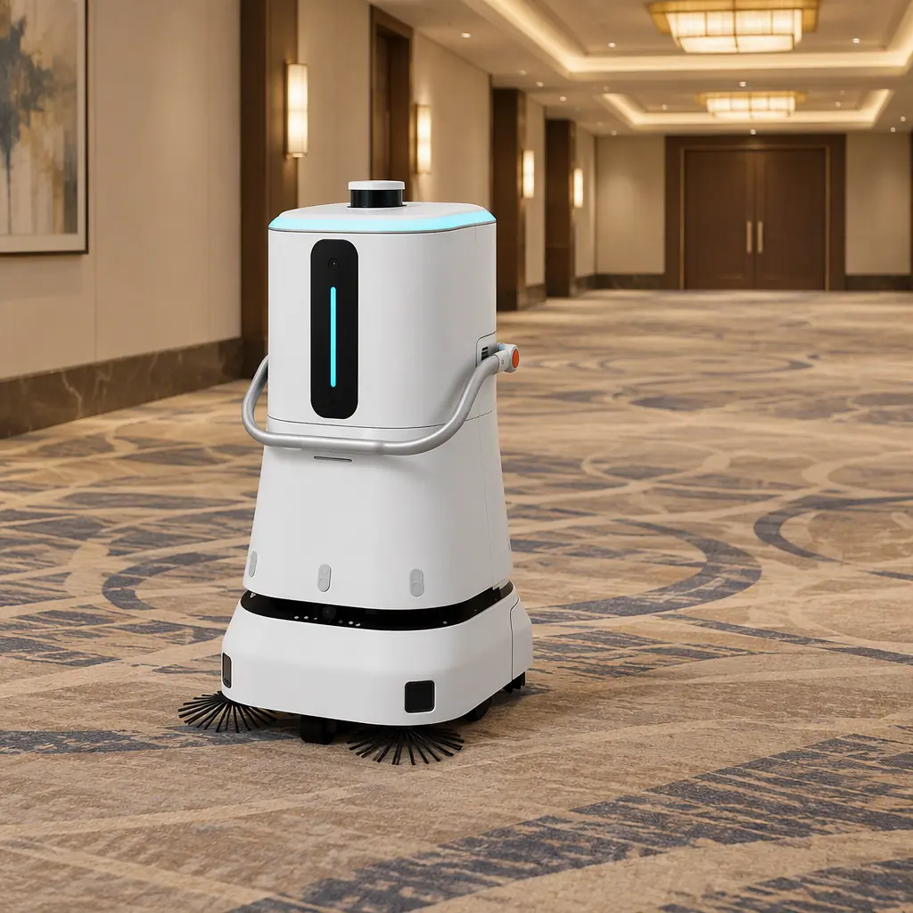 Photorealistic white three-shelf serving robot beside a set dining table in a hotel restaurant with soft evening light, no people and no text