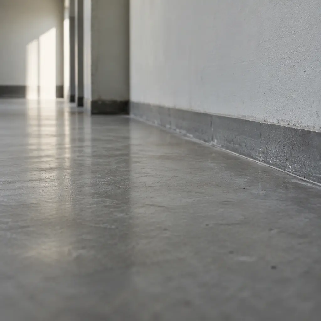 Photorealistic shallow close-up of a plain concrete floor meeting a painted wall in an empty back-of-house corridor, no text