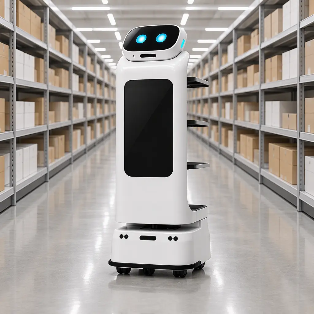 Photorealistic white shelf-scanning robot in an empty supermarket aisle facing unmarked shelving, no people and no text