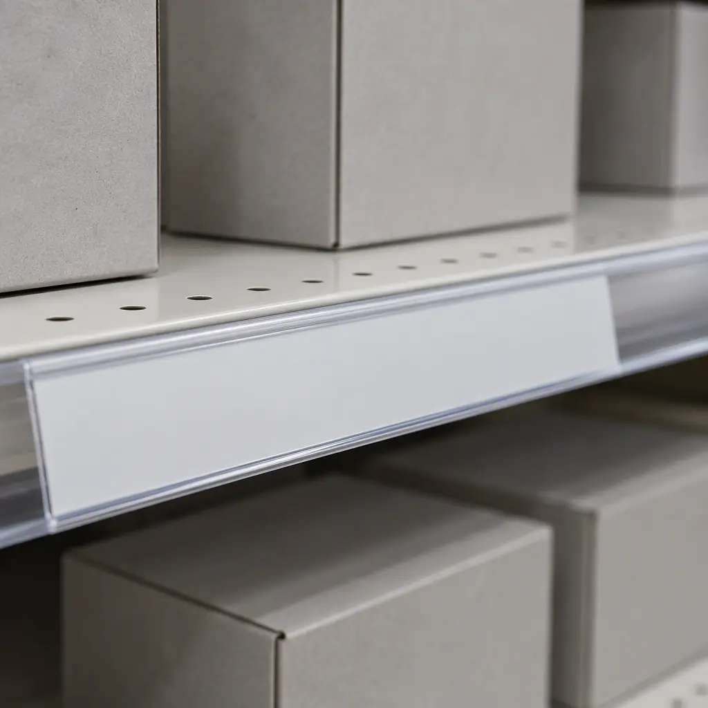 Photorealistic close-up of a plain blank price rail on supermarket shelving with unmarked grey product boxes, no text, no numbers