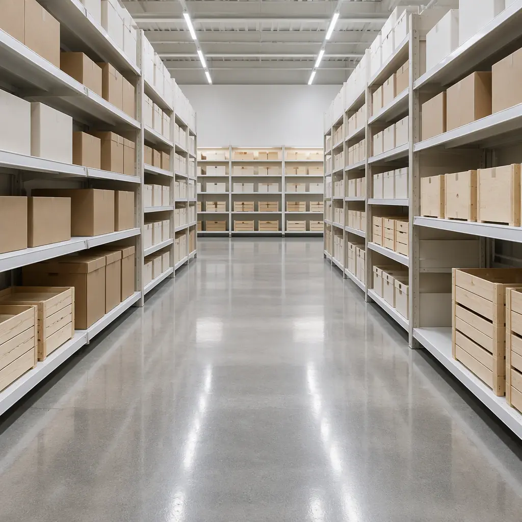 Photorealistic wide view of an empty grocery aisle with plain shelving and unlabelled cartons, cool store lighting, no people, no text