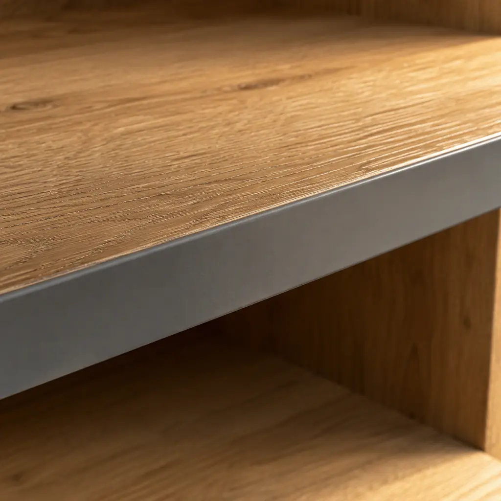 Photorealistic plain blank grey shelf edge strip running along empty wooden shelving, soft light, no text, no numbers