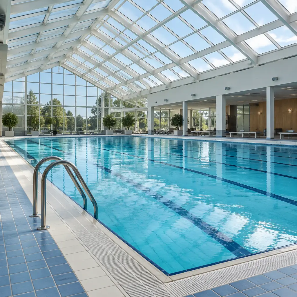 Photorealistic wide photograph of an indoor swimming pool hall with calm turquoise water and a tiled deck at the edge, empty lane markers, bright glass roof lighting, no people and no text