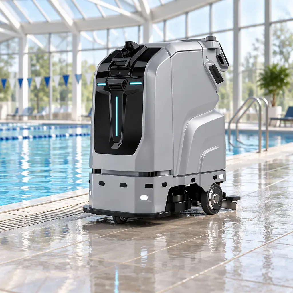 Photorealistic photograph of a wet-floor cleaning machine with a squeegee deck parked beside a pool edge on a tiled surface, water sheen on the tiles, cool bright lighting, no readable text and no people