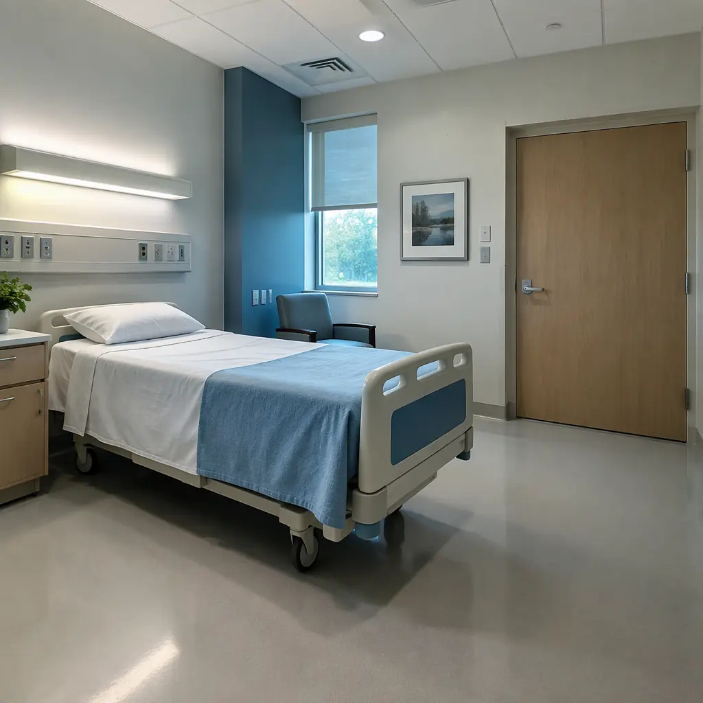 Photorealistic wide photograph of an empty modern hospital isolation room with a made bed, clean vinyl floor and neutral walls, cool clinical lighting, no people and no text