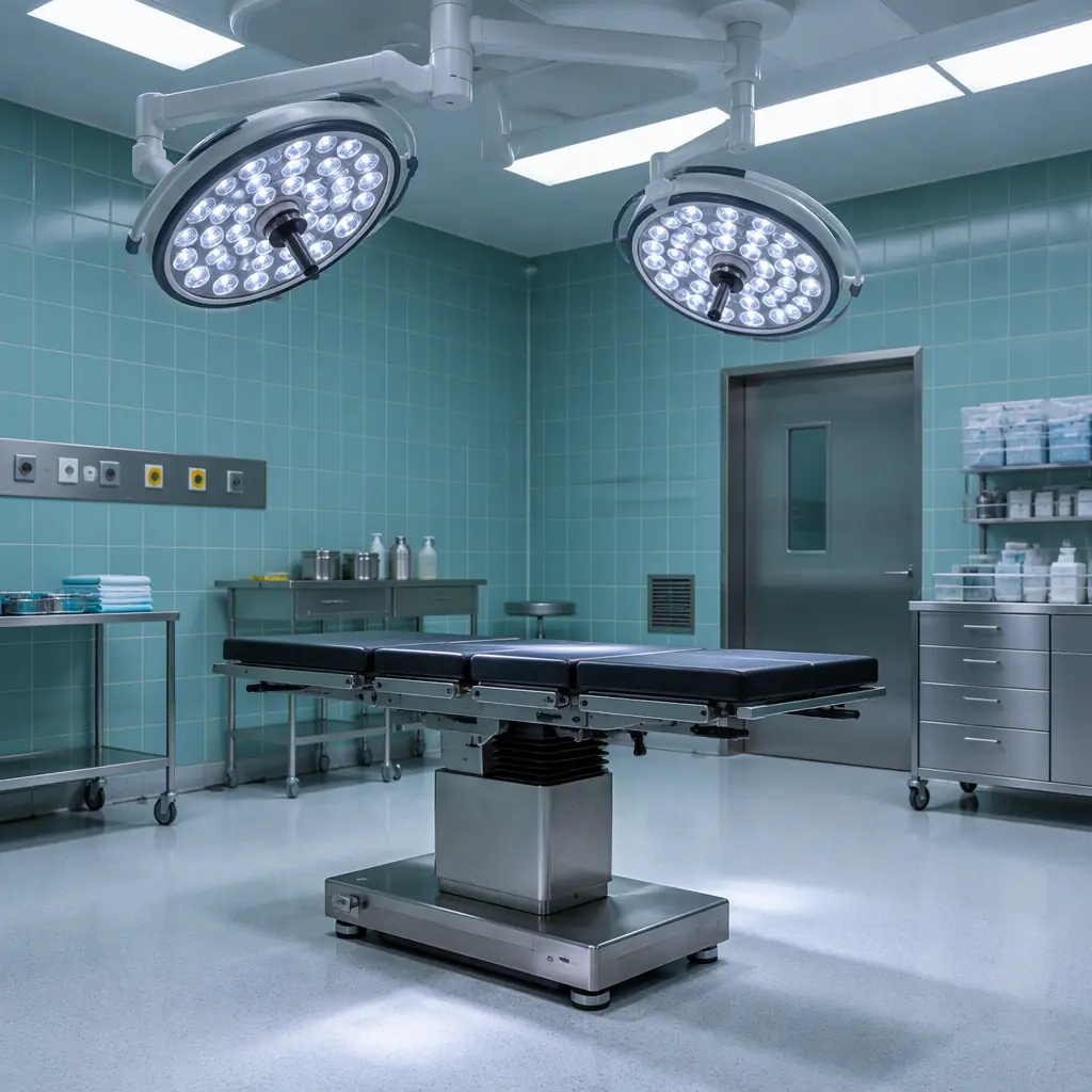 Photorealistic wide photograph of a clean empty operating theatre with tiled walls and an unoccupied surgical table base, cool clinical lighting, no people and no text