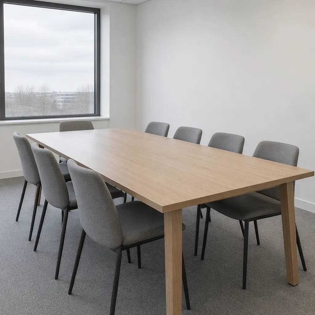 Photorealistic empty meeting room with a long plain wooden table and grey upholstered chairs, blank walls, daylight, no people, no text