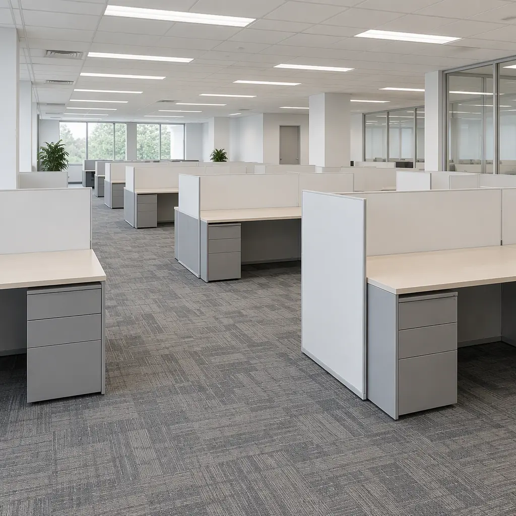 Photorealistic empty open-plan office floor with grey carpet and blank white partitions, no people, no text