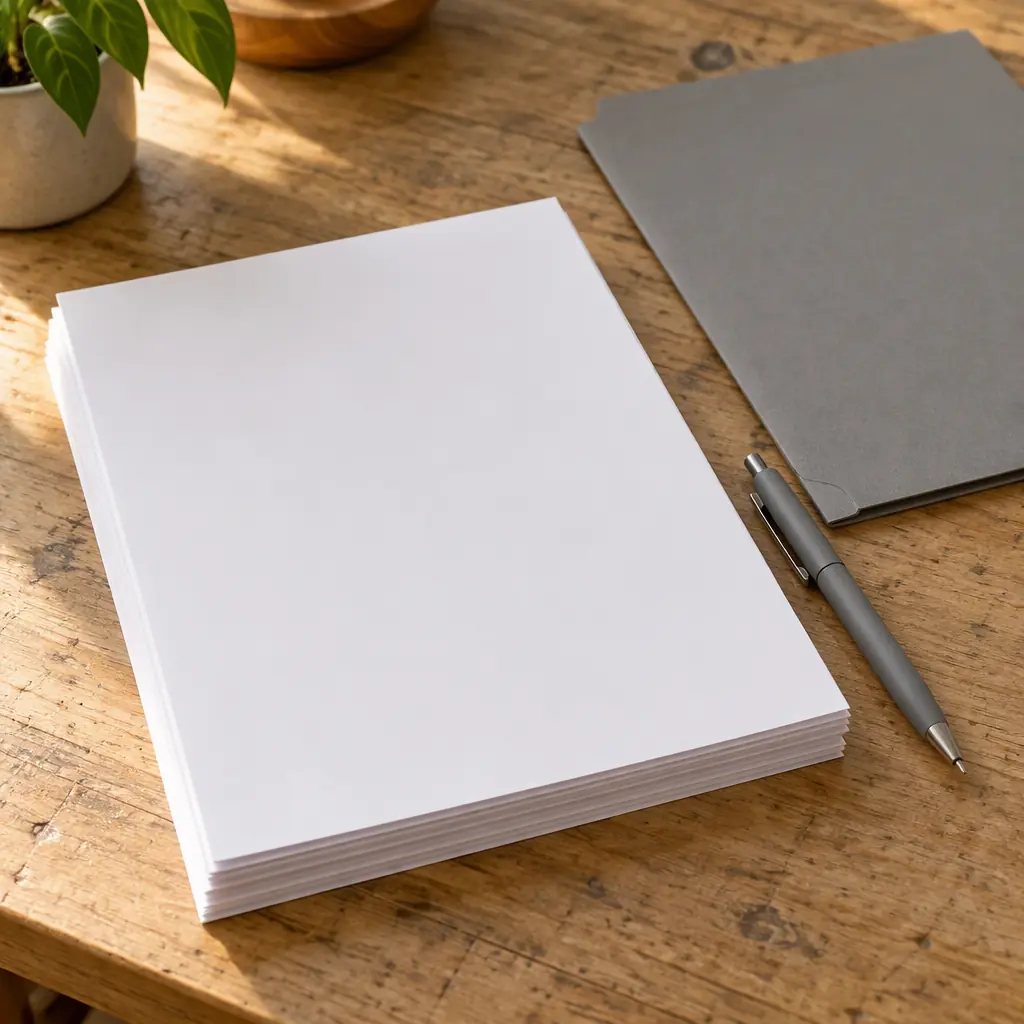 Photorealistic close-up of plain blank white sheets of paper stacked on a worn wooden desk beside a plain grey pen, no readable text, no people