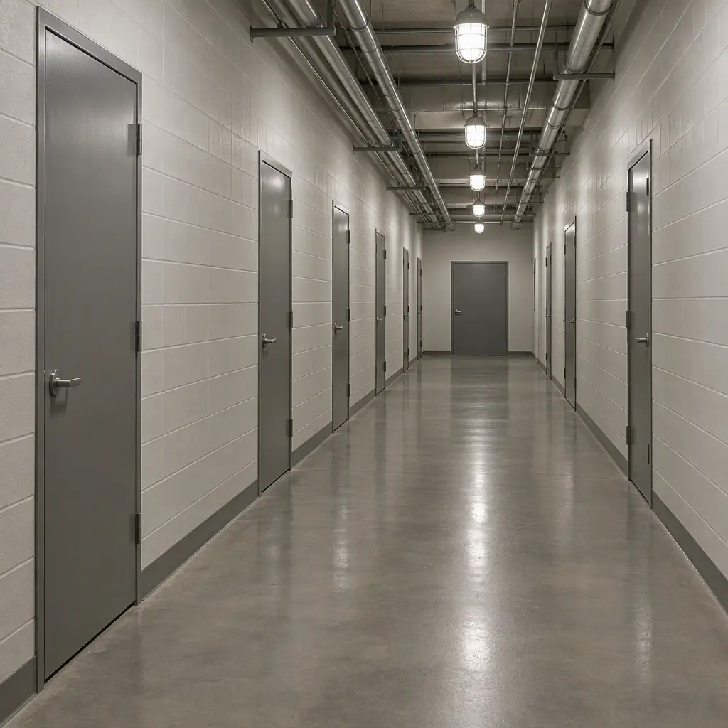 Photorealistic empty warehouse-style back-of-house corridor with grey polished concrete floor and plain metal doors, no people, no text