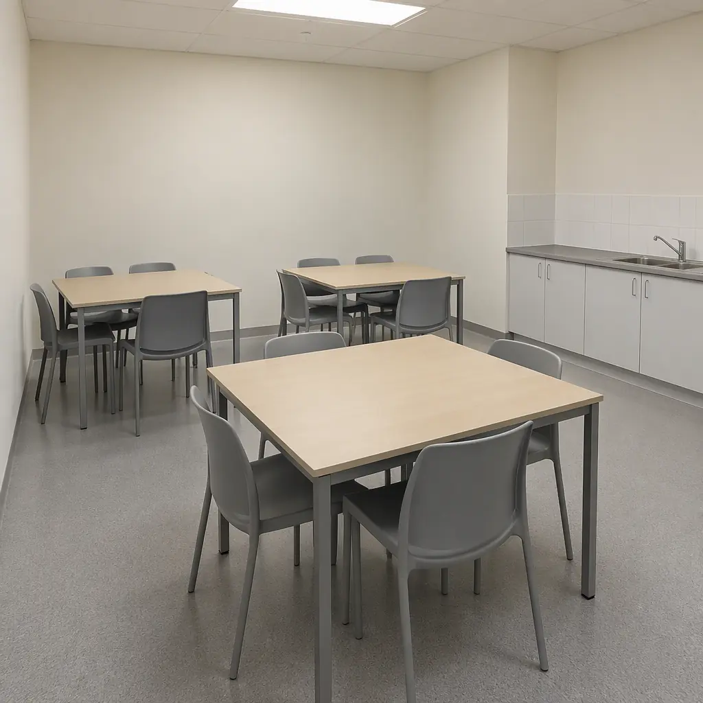 Photorealistic empty staff break room with plain tables, grey chairs and blank walls, fluorescent lighting, no people, no text